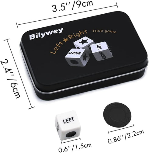 Left Right Center Dice Game Set with 3 Dices + 36 Black Chips for Family Game Night