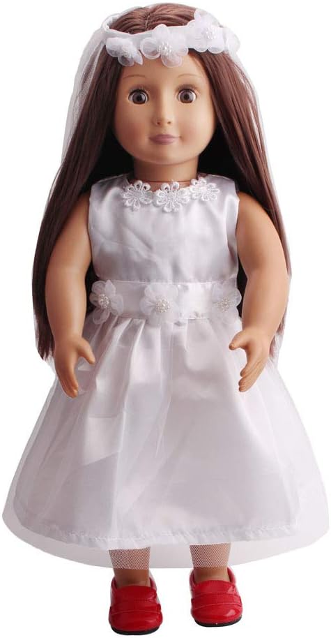 TianBo 1 Set Quality Handmade 18 Inch Doll White Bride Wedding Dress with Headband for 18 Inch Dolls Party Gown Dress