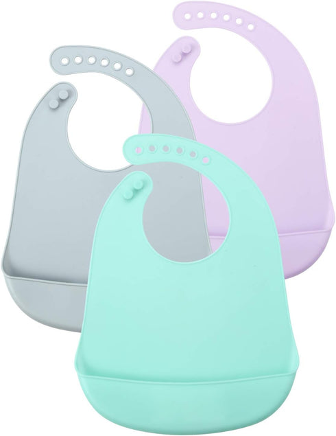 PandaEar 3 Pack Waterproof Silicone Baby Bibs, Super Thin Lightweight Feeding Bib with Food Catcher Pocket for Toddler