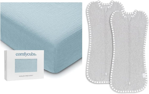 Comfy Cubs Muslin Fitted Crib Sheet and Easy Zipper Wrap Swaddle Blanket