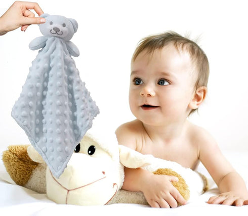 CREVENT Cozy Plush Baby Security Blanket Loveys, Minky Dot Front + Sherpa Backing with Animal Face (Blue Bear)