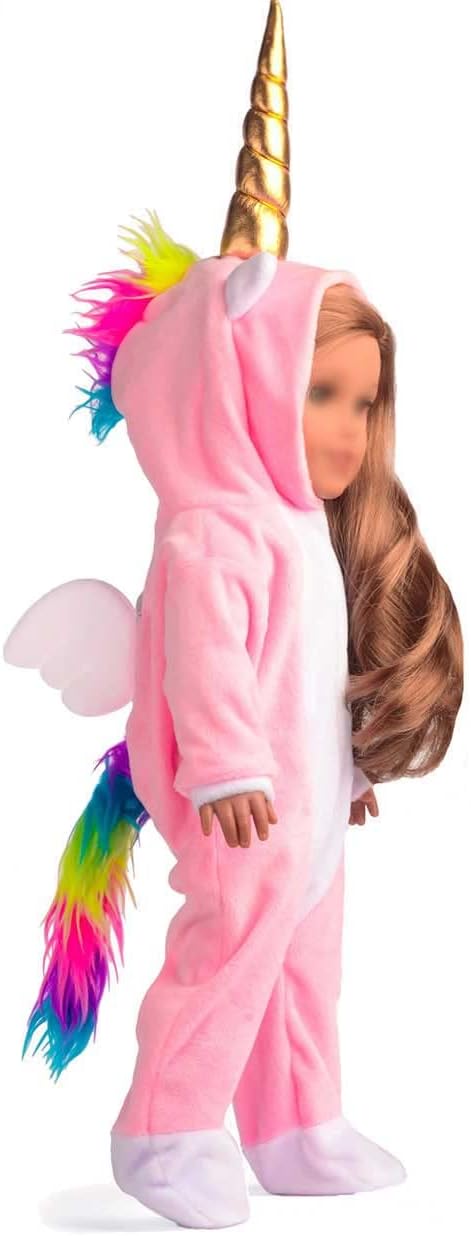 18 Inch Doll Clothes Unicorn Onesie Pajamas with Rainbow Color Hair Bow Clips Costume (Doll Not Included)