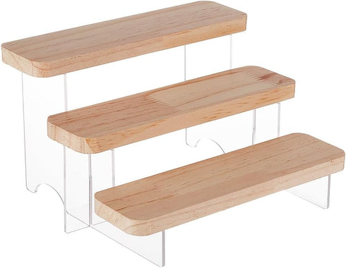 BENECREAT 3-Tier Figure Display Stand Acrylic Minifigures Risers, Wooden Tiered Organizer Holder for Models and