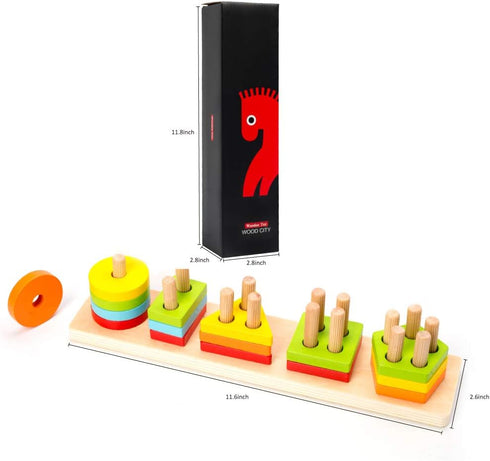 WOOD CITY Wooden Sorting & Stacking Toy, Montessori Shape Sorter for Toddlers, Early Educational Block Puzzles for Kids
