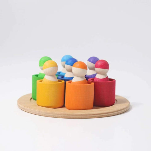 Rainbow '7 Friends' Set of Wooden Sorting & Matching Peg Dolls with Round Tray