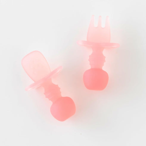 Bumkins Baby Utensils Set, Soft Practice Fork and Spoon, Chewtensils Silicone Spoons for Self-Feeding, Pink Jelly, 6