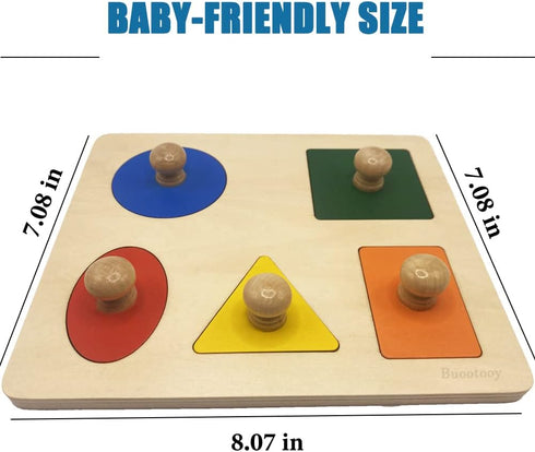 Montessori Multi Shape Wooden Puzzle Toy, Jumbo Wood Peg Educational Basic for Baby Toddler (5 Geometry Shape)