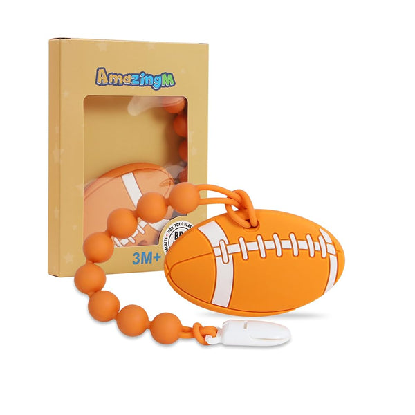 Baby Food Grade Silicone Sport Ball Teether Toy with Pacifier Clip Holder, Teething Relief Gift Set, American Football