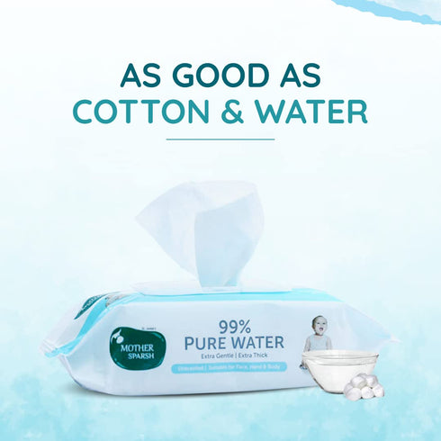 Mother Sparsh 99% 72 pcs/pack Pack 2 Pack) Pure Water (Unscented) baby wipes I Natural Plant made cloth - Super thick I