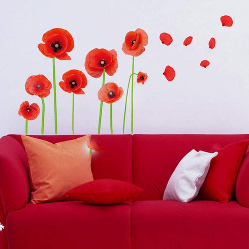 Esmee DIY Red Poppies Wall Decals, Beautiful Flowers Vines Stickers for Living Room Bedroom Nursery