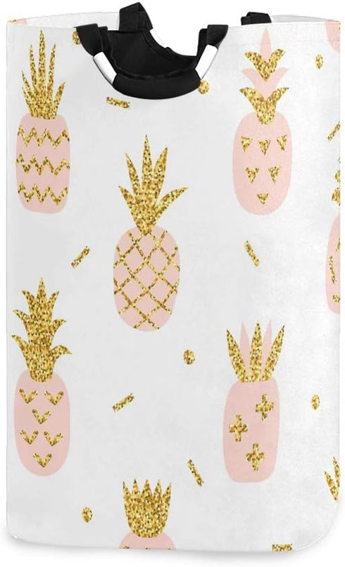 senya Pink Pineapple with Gold Glitter Large Storage Basket, Collapsible Organizer Bin with Handles