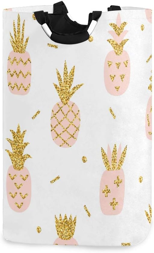 senya Pink Pineapple with Gold Glitter Large Storage Basket, Collapsible Organizer Bin with Handles