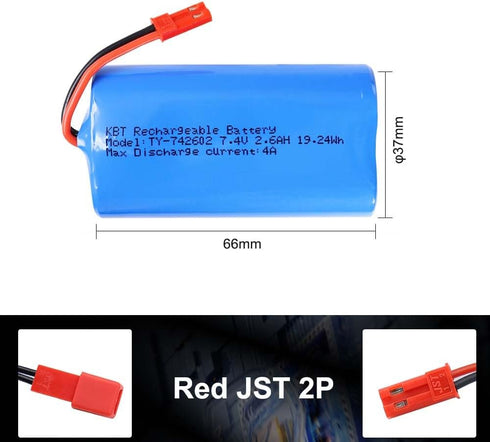 KBT 7.4V 2600mAh Li-ion Rechargeable Battery Pack, Red JST-2P Plug Lithium-ion Batteries for Electronics Products, Toys, Lighting, Bluetooth Equipment Fit for RC Helicopter Car Truck & RC Boats