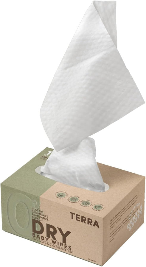 1 Pack 48 Terra Bamboo Dry Baby Wipes: Biodegradable Bamboo Fiber Wipes, Unscented, Sensitive Skin