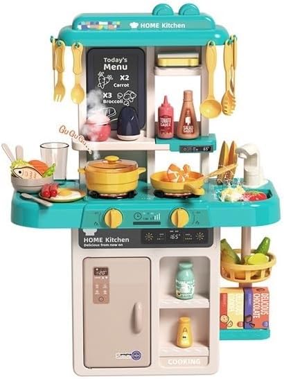 Kitchen Playset Pretend Food Kit by Serena&Jewel - 53 PCS Toy Accessories Set with Real Sounds & Light, Blue