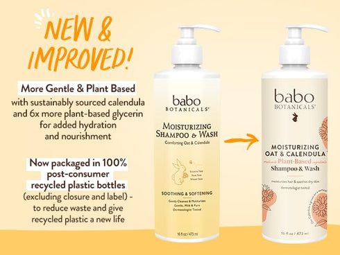 BABO Botanicals Moisturizing Oat & Calendula 2-in-1 Shampoo & Wash - for Dry or Sensitive Skin - for All Ages - Lightly Scented - Vegan - Various Sizes