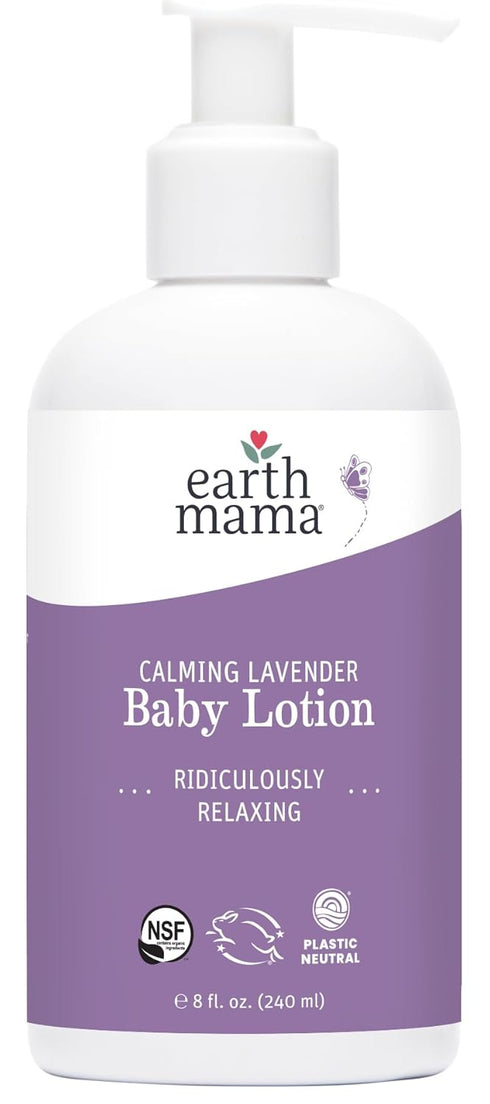 Earth Mama Calming Lavender Baby Lotion for Dry Skin, Organic Moisturizer with Aloe Juice, Rooibos, & Shea Butter, 8 Fl