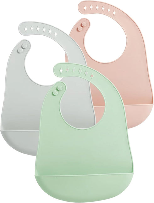 PandaEar 3 Pack Baby Bibs for Eating, Waterproof Silicone Bibs for Boys Girls, Adjustable with Food Catcher