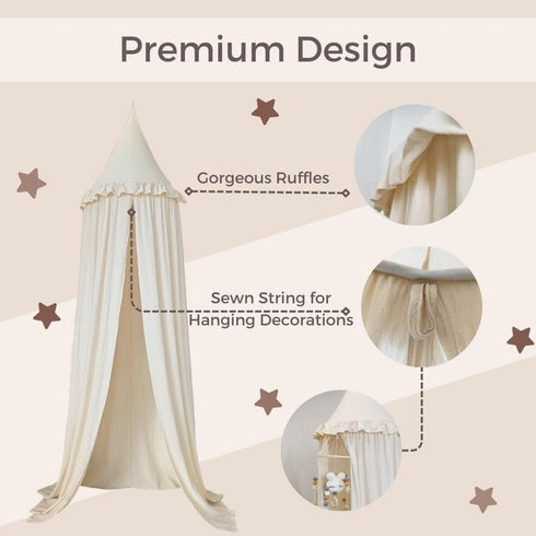 Wonder Space Kids Bed Canopy with Ruffles, Pastel Neutral Color for Boys & Girls, Frilled Cotton Tent Nursery Room Baby