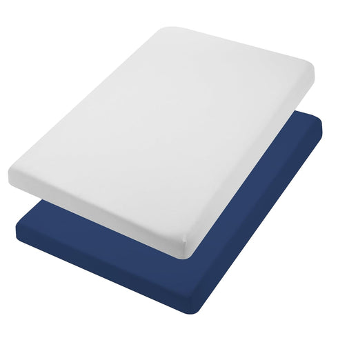 TILLYOU Mini Crib Fitted Sheets 2 Pack, Soft Jersey Knit Microfiber Playpen Bedding Sheet for Baby, Light Gray & Navy