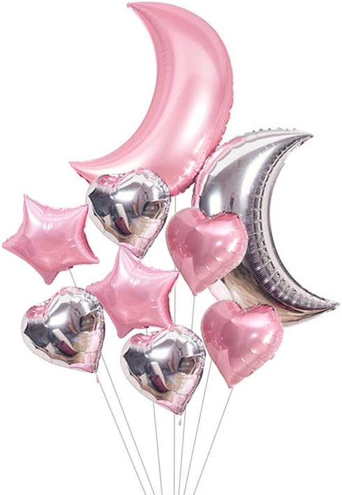 9pcs Large Moon Star Foil Balloons 30inch Pink Silver Moon and 18inch Star Heart Mylar Balloons for Party Decorations