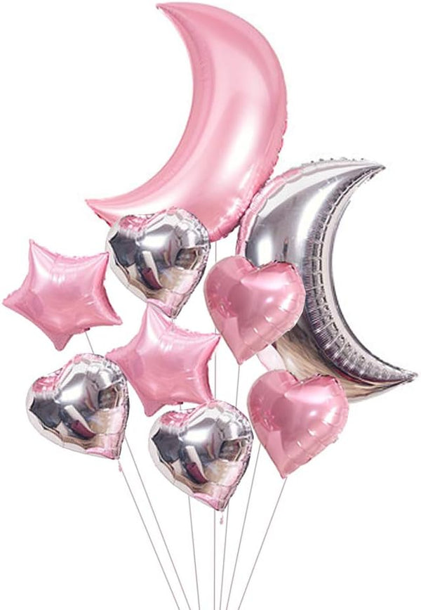 9pcs Large Moon Star Foil Balloons 30inch Pink Silver Moon and 18inch Star Heart Mylar Balloons for Party Decorations