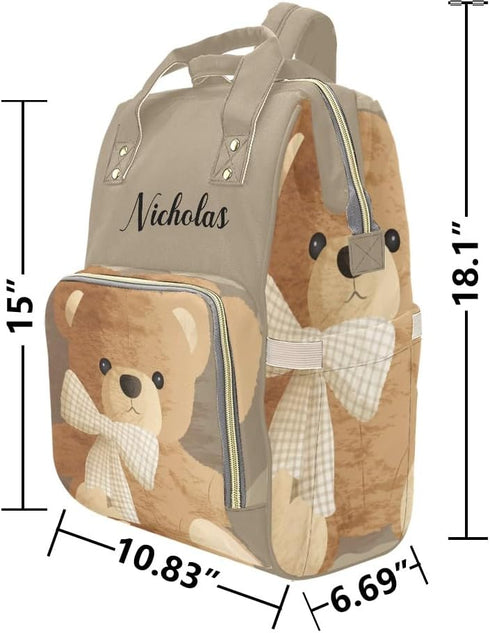 NZOOHY Backpack Mommy Backpack Brown Teddy Bear Bow Personalized Diaper Bag Multi-Function Custom with Name Large
