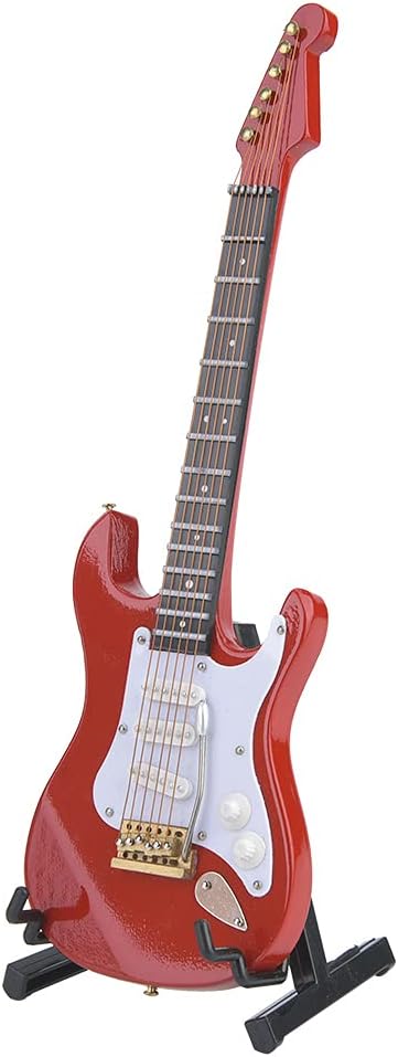 Wooden Miniature Guitar - Mini Electric Guitar with Stand, Decorative Dollhouse Accessories (Red)