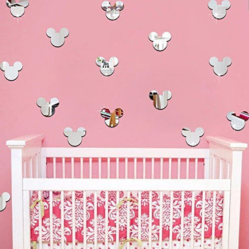 20PCS Cartoon Mickey Mouse Head Mirror Wall Sticker, Silver Mirror Baby Nursery Wall Decal