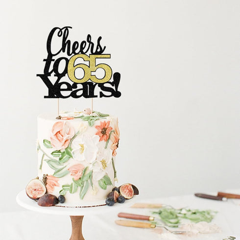 LVEUD Black Font Golden Numbers Cheers to 65 Years Happy Birthday Cake Topper for Wedding, Anniversary, Birthday Party