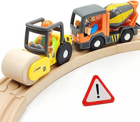DSHMIXIA Wooden Train Cars Track Accessories Set Rescue Roller Truck and Mix Truck