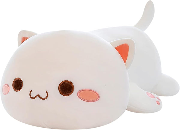 FUYU Cat Stuffed Animals, Soft Cat Plush Pillow Kawaii Kitten Toy Gifts for Kids Boys Girls Room Decor (White Round