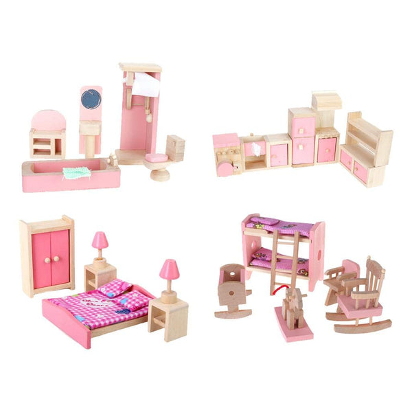 4 Set Dollhouse Furniture Kid Toy Bathroom, Bedroom, Kitchen Set