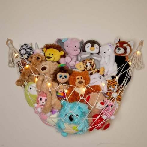 Stuffed Animal Storage Macrame Hammock w/String Lights for Flat Walls - Large, 2 Pack - Boho Decor
