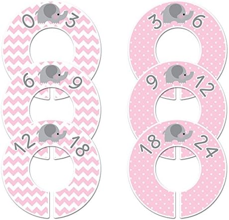 6 Baby Girl Nursery Clothing Size Closet Dividers, Pink Elephant (1.25 Inch Rod)