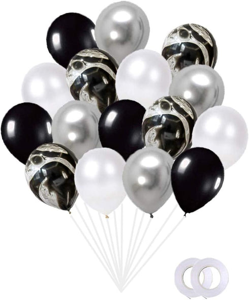Black Agate Party Balloons Set - 12 Inch Black White Metallic Silver Balloons for Birthday, Wedding, Baby Shower