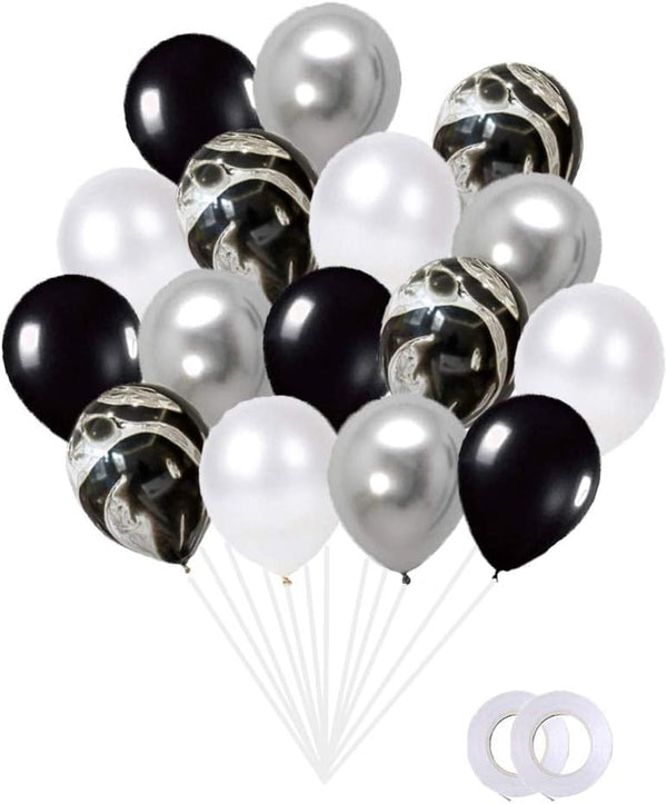 Black Agate Party Balloons Set - 12 Inch Black White Metallic Silver Balloons for Birthday, Wedding, Baby Shower