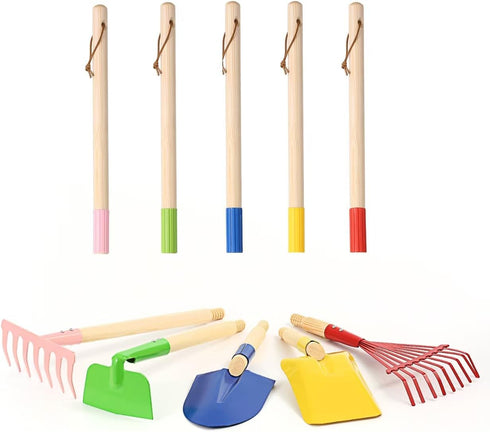 Egashow 5 28" Playset PCS Detatchble Kids Gardening Tools, Metal Beach Digging Toys with Sturdy Wooden Handle, Safe