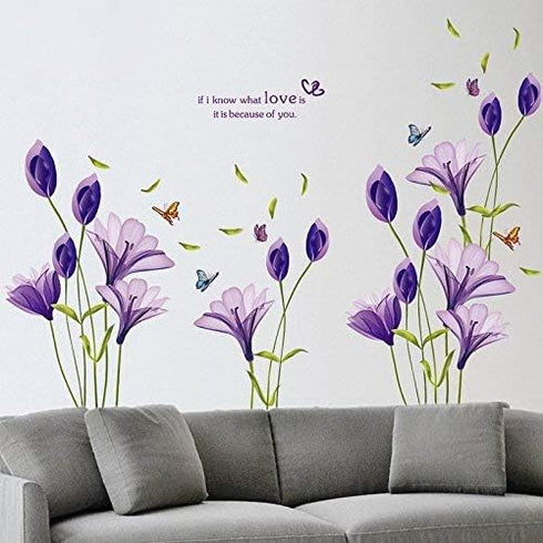 Removable Purple Lovely Lily Flowers Wall Stickers - DIY Flower Vines Art Quotes and Butterfly Decal for Home