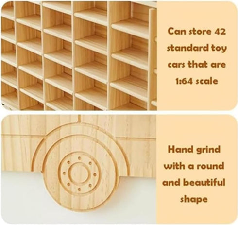 Wood Toy Car Display Rack, Holds 42 Diecast Cars Model Car Display Case 1/64 Scale Organizer Freestanding or