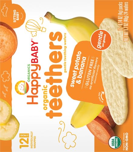 Happy Baby Organic Teethers - Banana and Sweet Potato Gentle Teething Wafers, 2 Count per pack, 12 Count per box