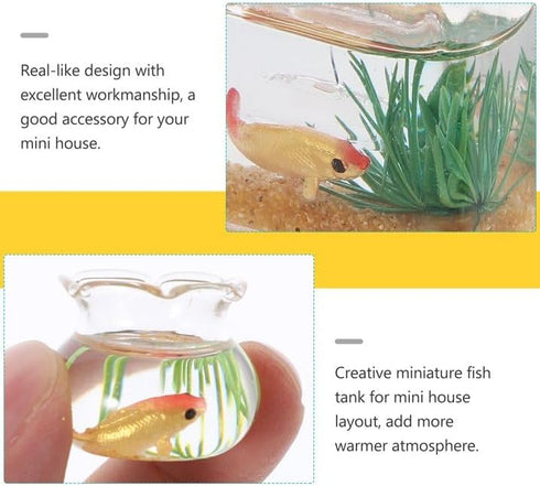 Fansoftiks 2Pcs Miniature Fish Tank Toy Mini Round Fish Bowls Resin Goldfish Grass for Dollhouse Desktop Craft Project