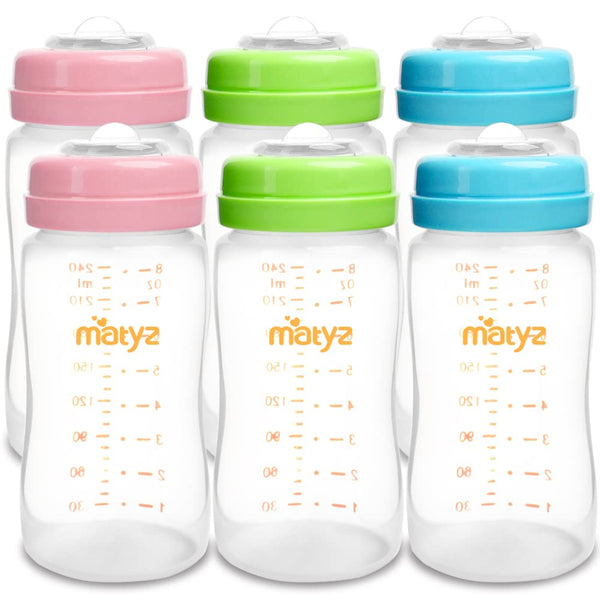 Matyz 6-PACK Breast Milk Storage Bottles (8 Ounce, 3 Colors) - Wide