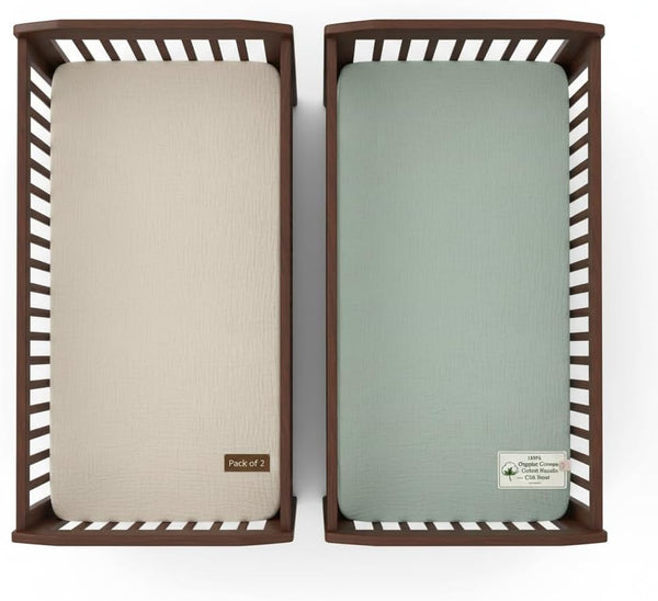 Crib Mattress Sheet Set of 2 Green & Beige, Premium Muslin Cotton,