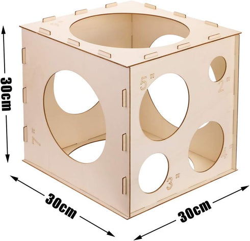 9 Holes Collapsible Wood Balloon Sizer Cube Box, Measurement Tool for Party Decorations (12" x 12" x 12")