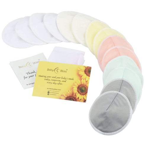Bamboo Viscose Nursing Pads - 14 Washable Pads with Wash and Storage Bags for Breastfeeding (Pastel Touch, Medium 3.9")