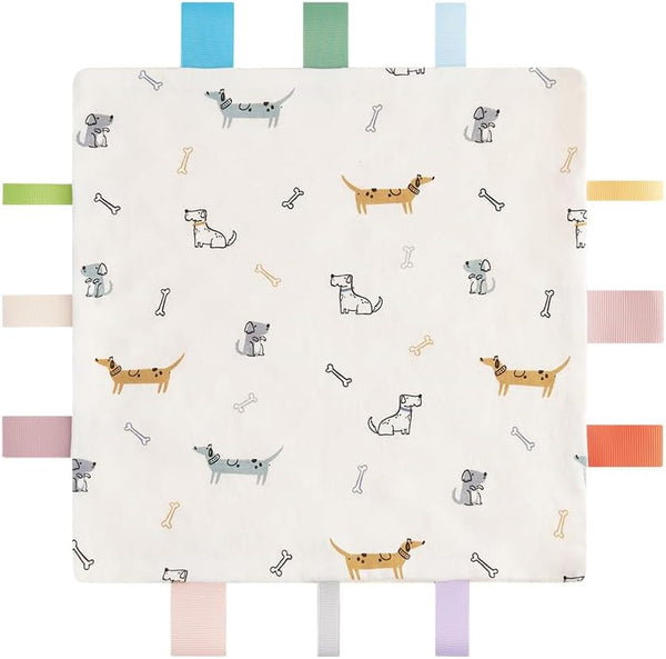 Baby Tags Security Blanket, Sensory Soothing Blanket with Tags, Dotted Backing Taggies Blanket for 3-12 Months Boys and
