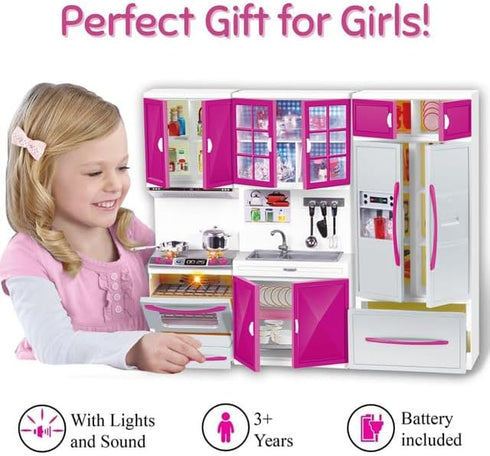Playset Set (3-in-1) Doll Kitchen for Kids, My Modern Mini Kitchen House Furniture Pretend Play Toy Accessories