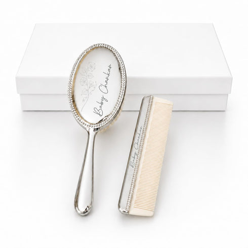 Set Custom Birth Flower Silver Baby Brush Newborn Keepsake Gift