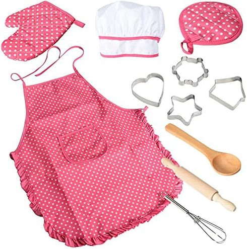 Acekid Chef Set for Kids,11pcs Kitchen Costume Role Play Kits, Girls Apron with